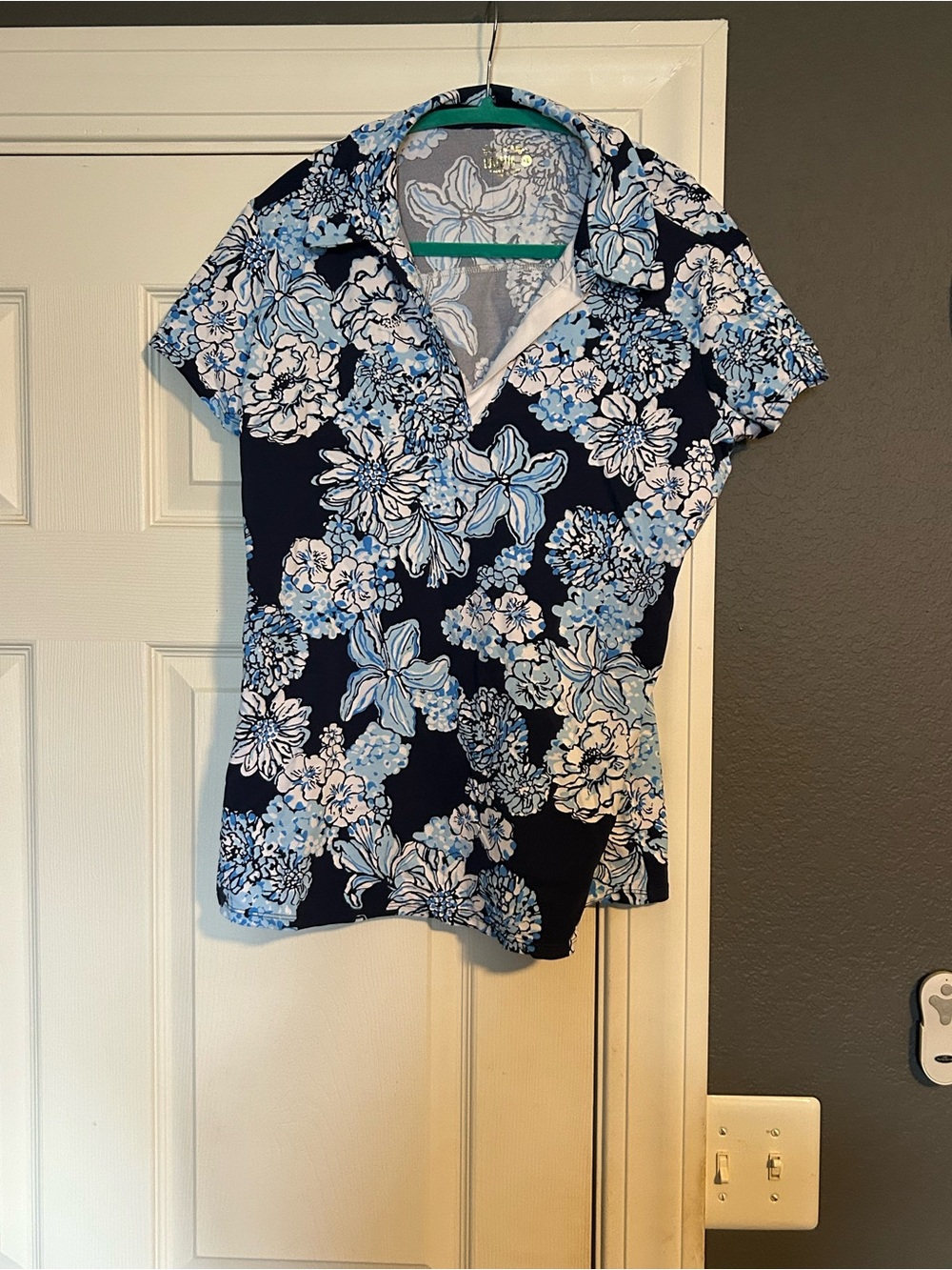 Lilly Pulitzer Navy and Light Blue Floral Polo Top
